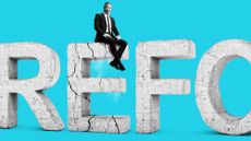 Illustration of Nigel Farage sitting atop crumbling concrete letters spelling 'Reform'