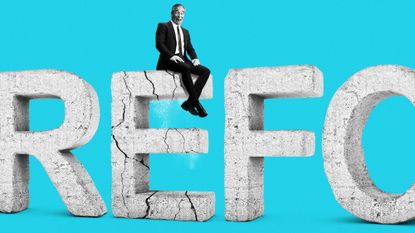 Illustration of Nigel Farage sitting atop crumbling concrete letters spelling 'Reform'
