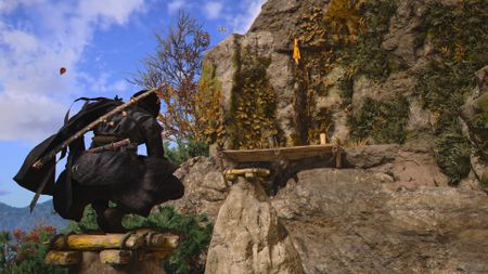 Naoe tackles a Path activity challenge in Assassin's Creed Shadows, crouching on a perch ready to make several more dangerous leaps ahead