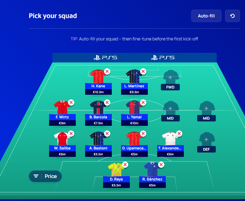 A half-complete Fantasy Champions League team