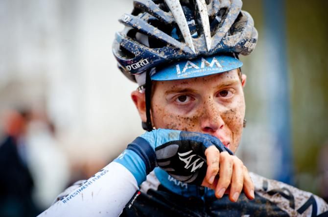 After the race, an IAM Cycling rider wiped off mud on his face, Tro Bro Leon 2013