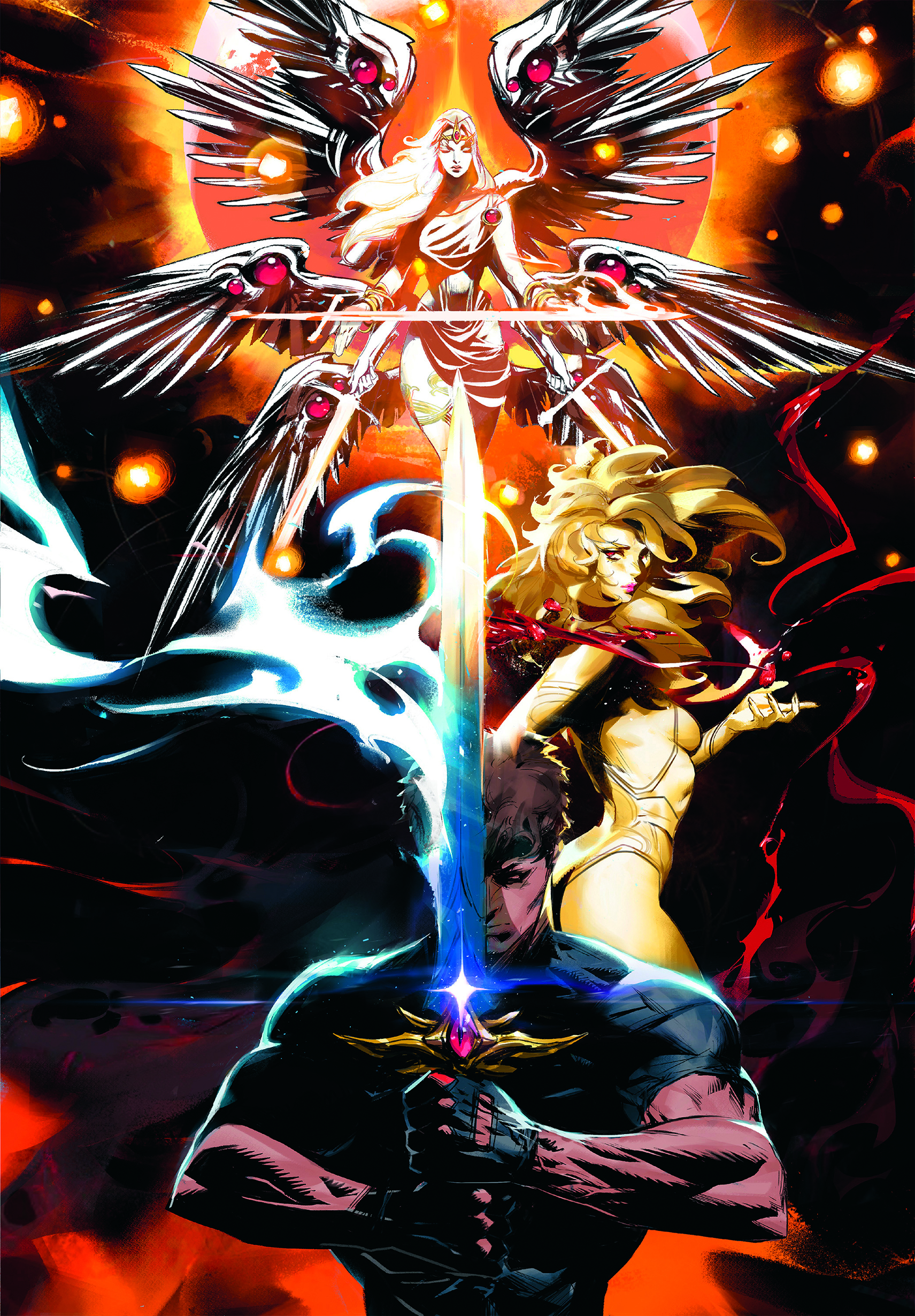 fantasy character art showing a man with a sword in the foreground and two female characters in an orange colour palette in the background