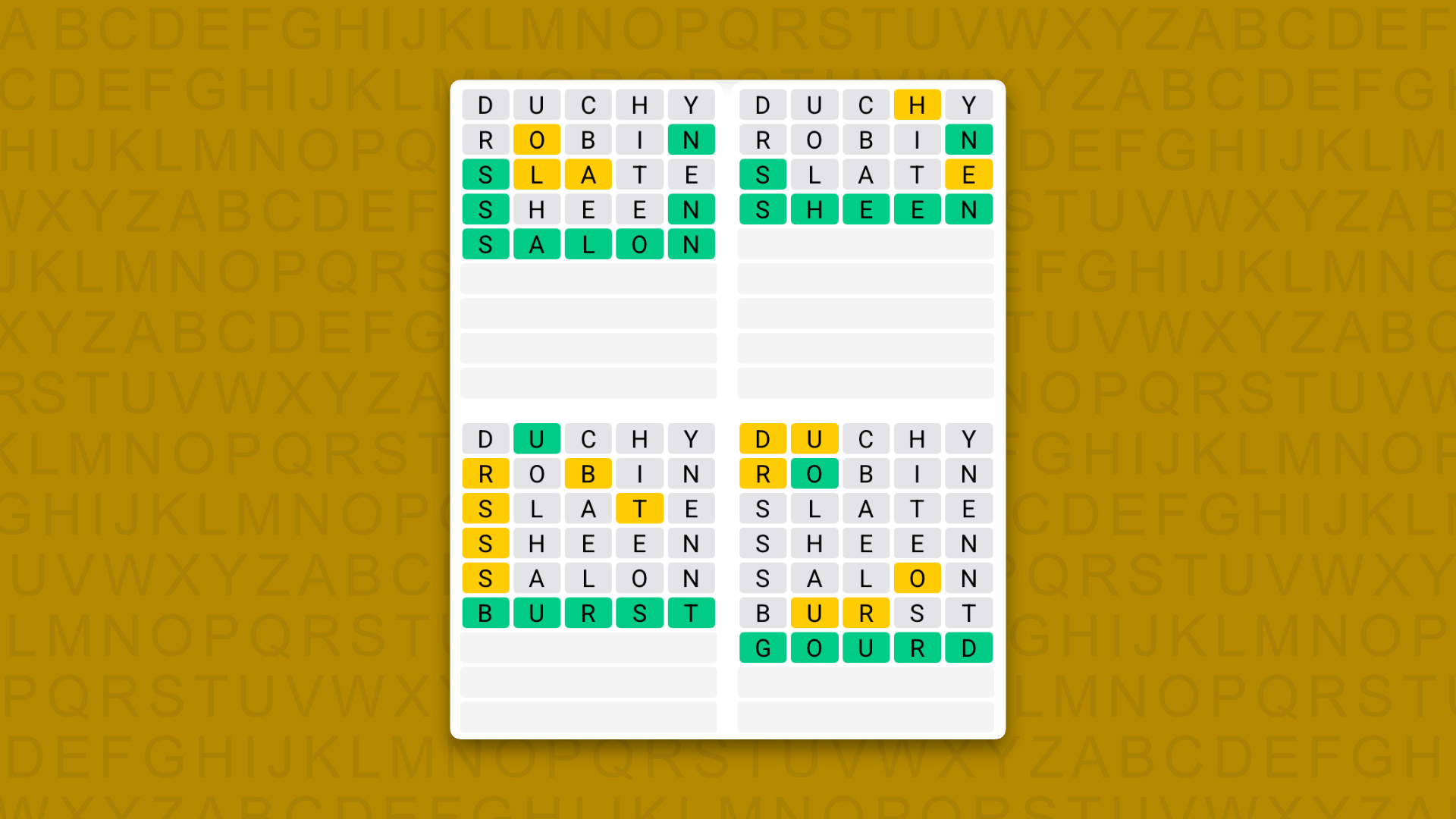 Quordle answers for game 1643 on a yellow background
