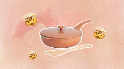 An Our Place always pan dupe on an orange background with emojis around it