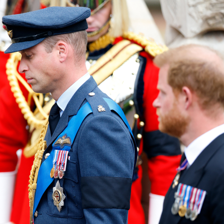 Prince William, Prince of Wales and Prince Harry, Duke of Sussex attend the Committal Service for Queen Elizabeth II at St George's Chapel, Windsor Castle on September 19, 2022 in Windsor, England.