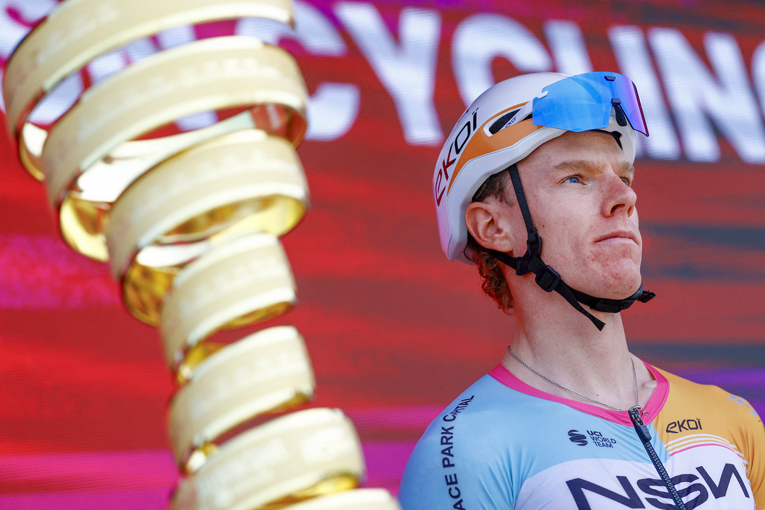 Jake Stewart (NSN) alongside the Trofeo Senza Fine ahead of the opening stage of the 2026 Giro d'Italia