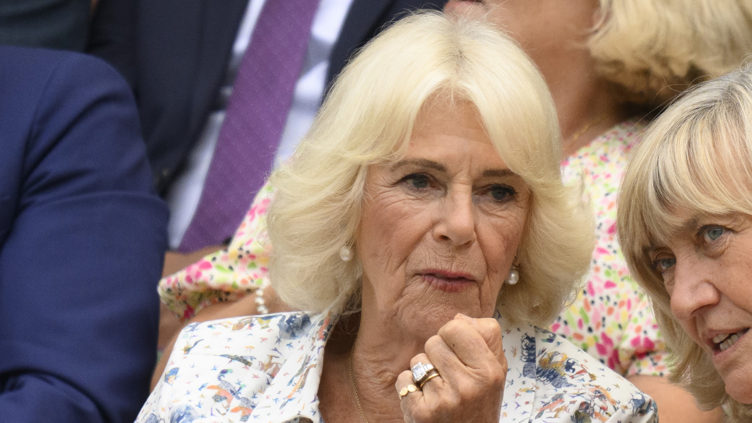 Queen Camilla watches tennis from the Royal Box during day ten of the 2025 Wimbledon Championships