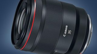 The Canon RF 50mm f/1.2L lens on a blue background