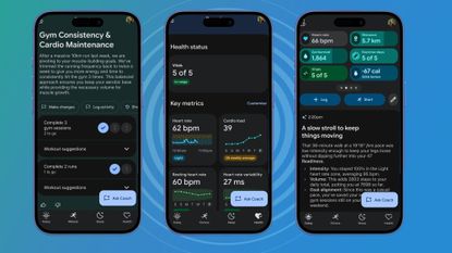 Google Health app on three iphones