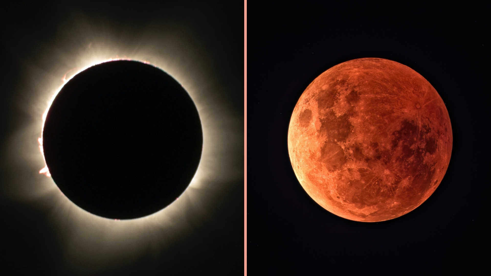 two panel image on the left is a total sola eclipse whereby a black orb is surrounded by a halo of white light, in the right image is a close up view of a blood red moon during a total lunar eclipse.