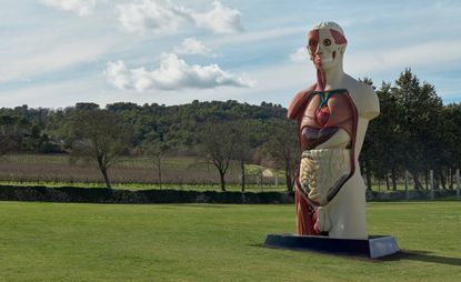 Damien Hirst ‘The Light That Shines’ exhibition at Chateau La Coste: anatomical sculpture of a man set in green landscape