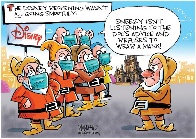 Editorial Cartoon U.S. Disney reopening seven dwarves coronavirus