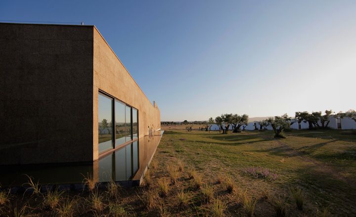 Outside of Ecorkhotel which blends into the local landscape and is wrapped in recycled cork cladding