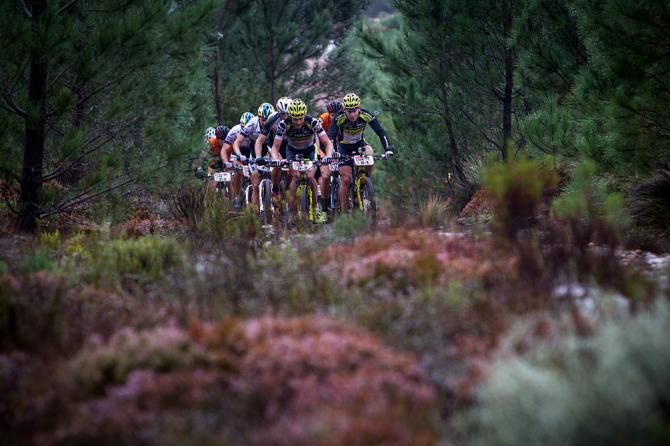 Yellow Jersey wearers Robert Mennen and Kristian Hynek of Topeak-Ergon Racing lead the chasing group