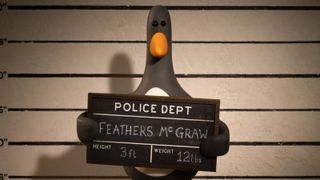 Feathers McGraw holding a blackboard in front of a police lineup