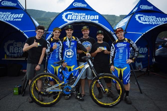 The Chain Reaction Cycles / Nukeproof team at the Mont-Sainte-Anne World Cup