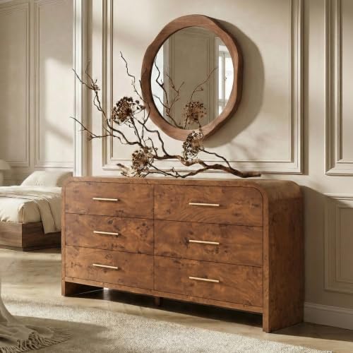 Eliteset Curved 6-Drawer Dresser for Bedroom, 54" Wide Modern Chest of Drawers, Vanity Desk Tv Stand for Living Room, Closet Storage Drawers Organizer Furniture, Nursery, Dark Burl