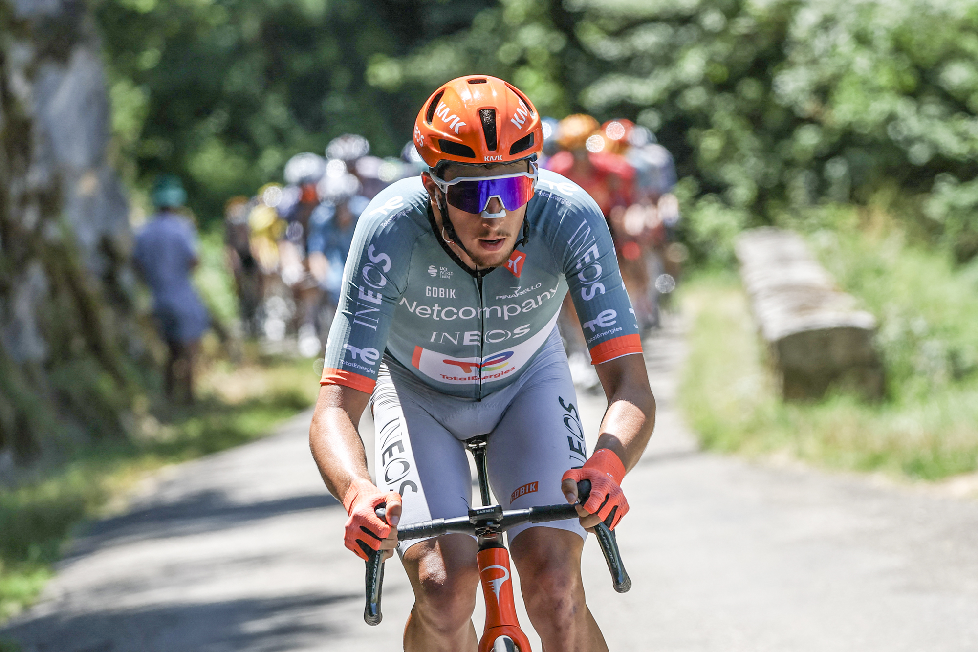 Netcompany Ineos Cycling Team's French rider K&amp;eacute;vin Vauquelin cycles during the 7th stage of the Tour Auvergne-Rhone-Alpes cycling race (formerly known as the Criterium du Dauphine), 133,6km between La Bridoire and Grand Colombier in the French Alps on June 13, 2026. (Photo by Anne-Christine POUJOULAT / AFP via Getty Images)