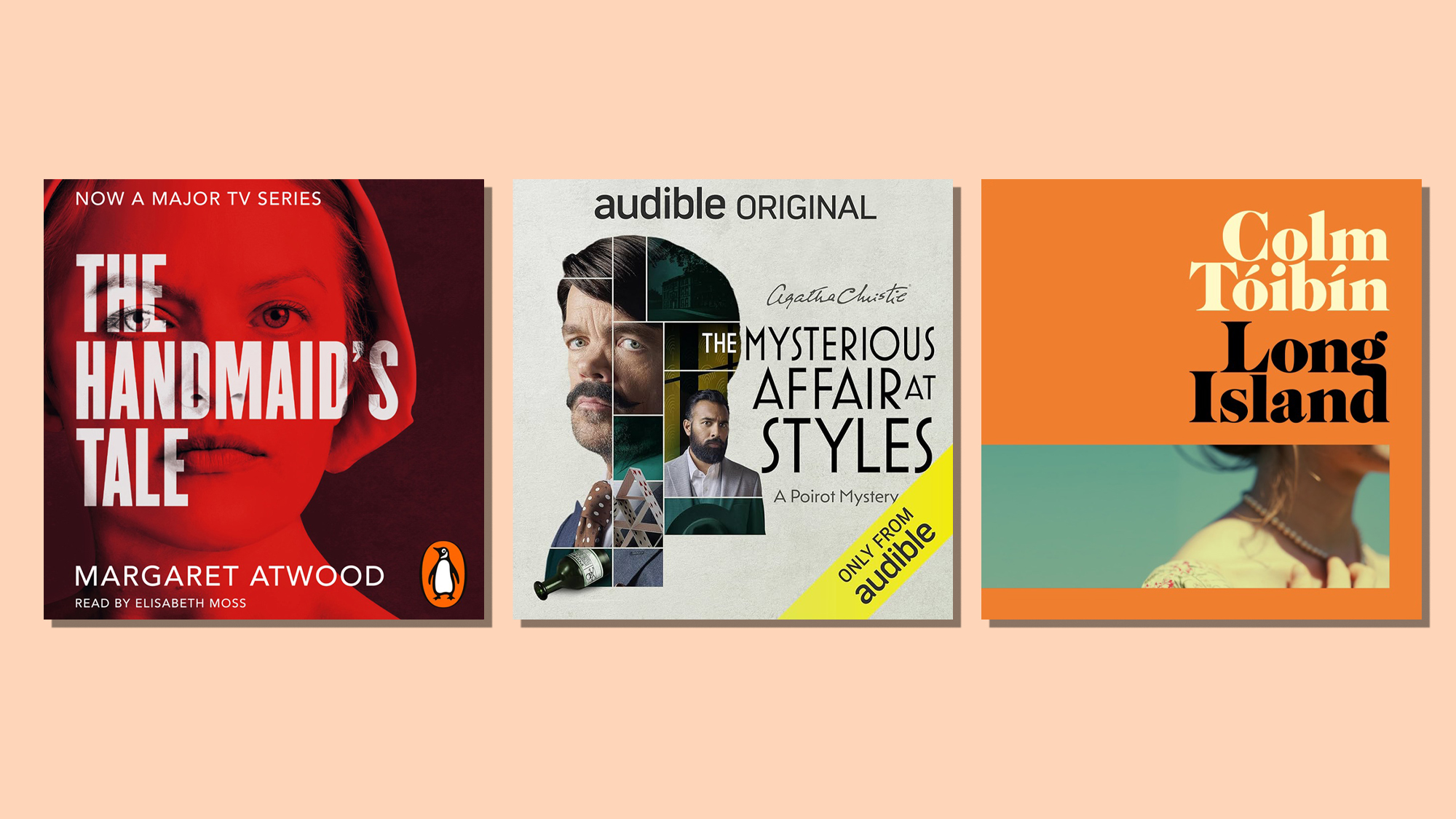 Audiobook covers for The Handmaid's Tale, The Mysterious Affair at Styles and Long Island