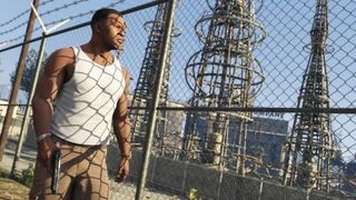 GTA V screenshot, man in vest holding gun