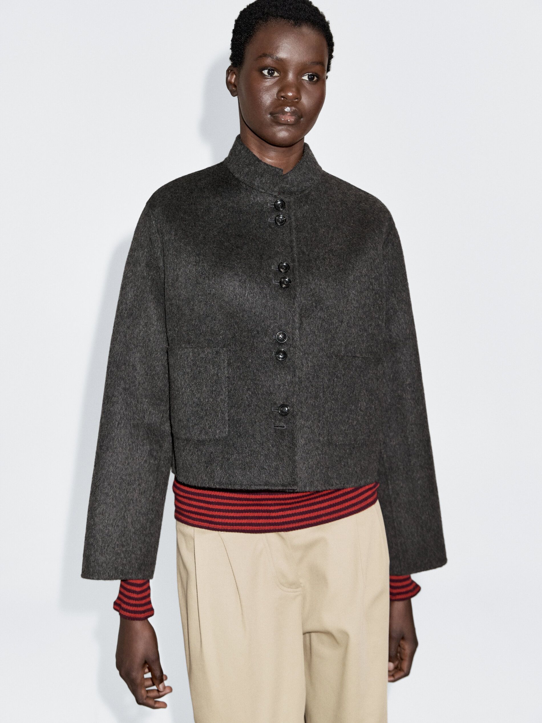 Short Double-Breasted Wool Blend Jacket