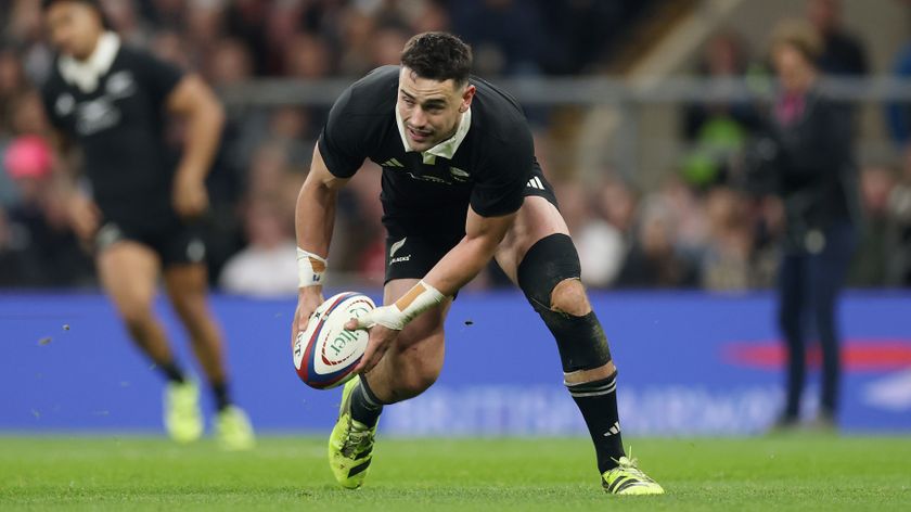 LONDON, ENGLAND - NOVEMBER 15: Will Jordan of New Zealand scores his team&#039;s third try during the Quilter Nations Series 2025 rugby international match between England and New Zealand at Allianz Stadium on November 15, 2025 in London, England. 