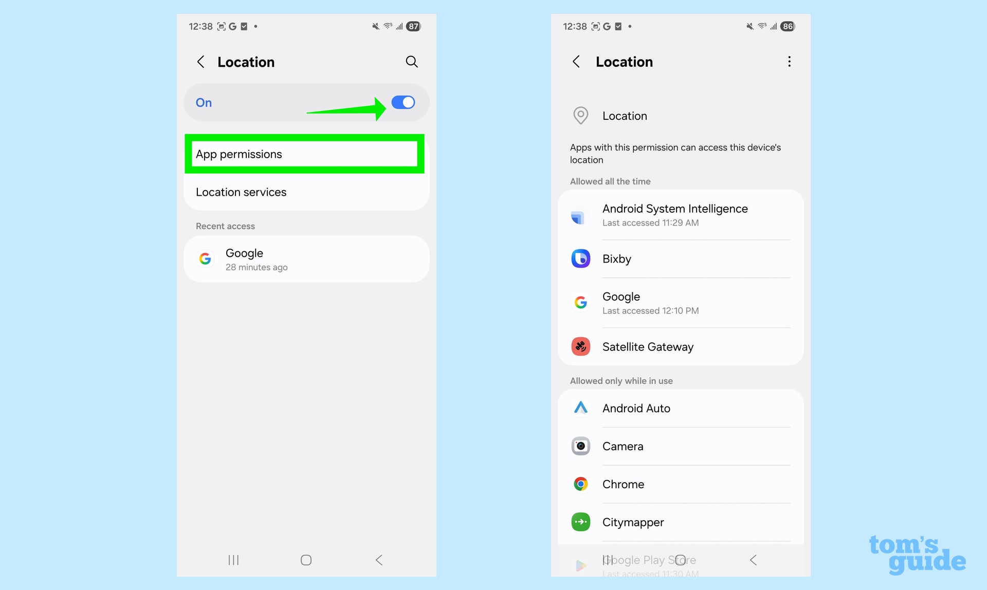 location services on a galaxy s25 plus and managing which apps have location permission