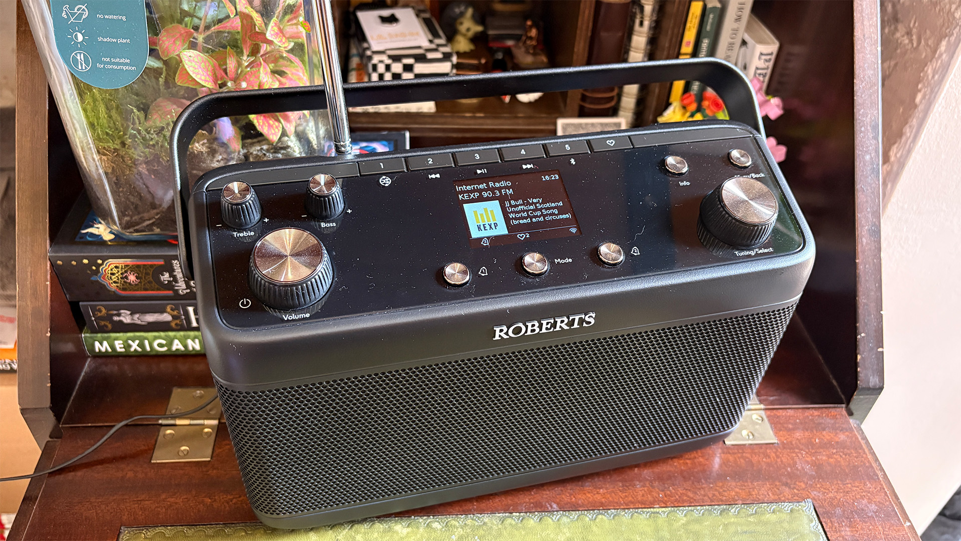 Roberts Stream 219 radio on old fashioned bureau, slight top down angle