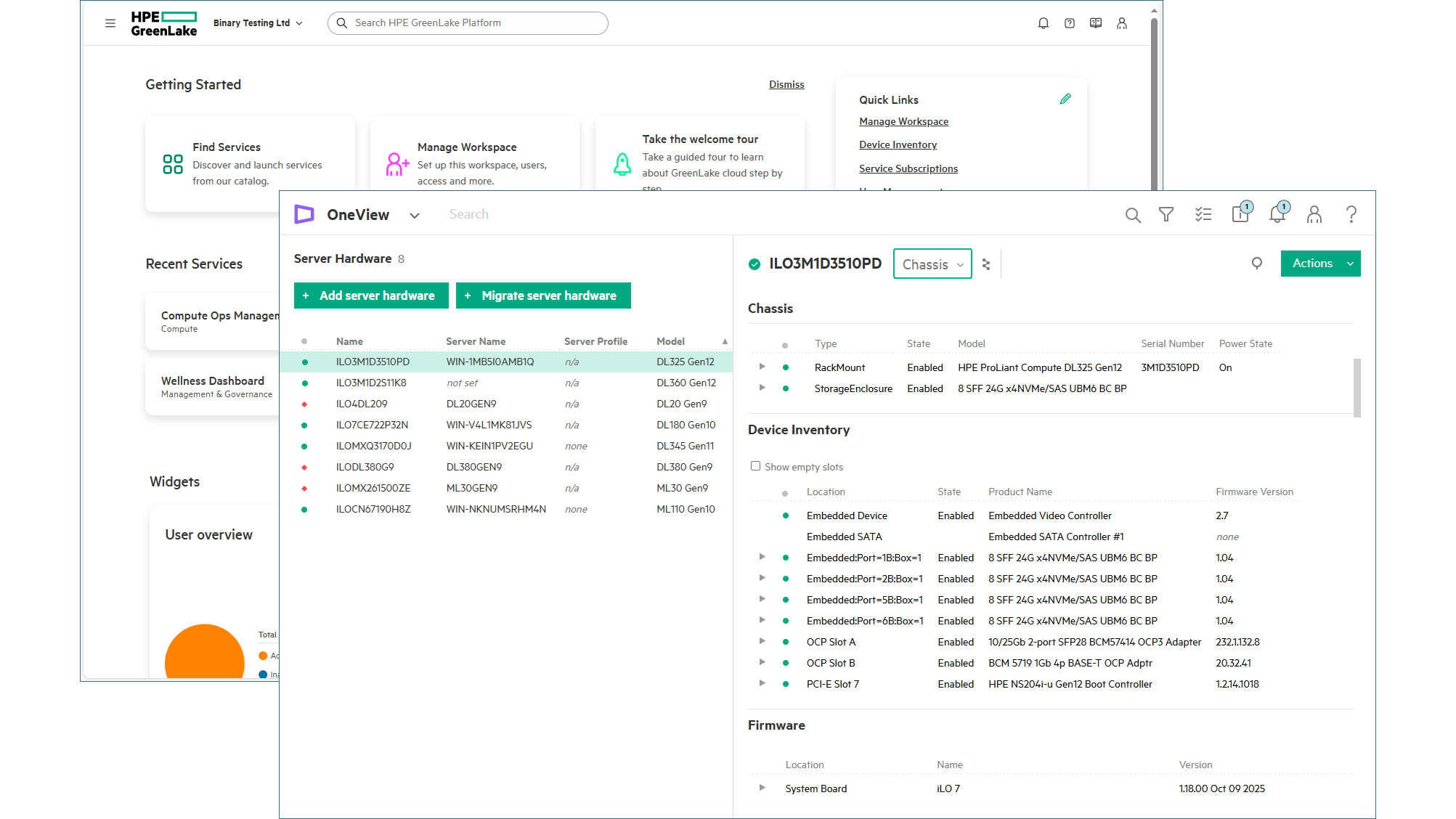 A screenshot of the HPE ProLiant DL325 Gen12 GreenLake interface