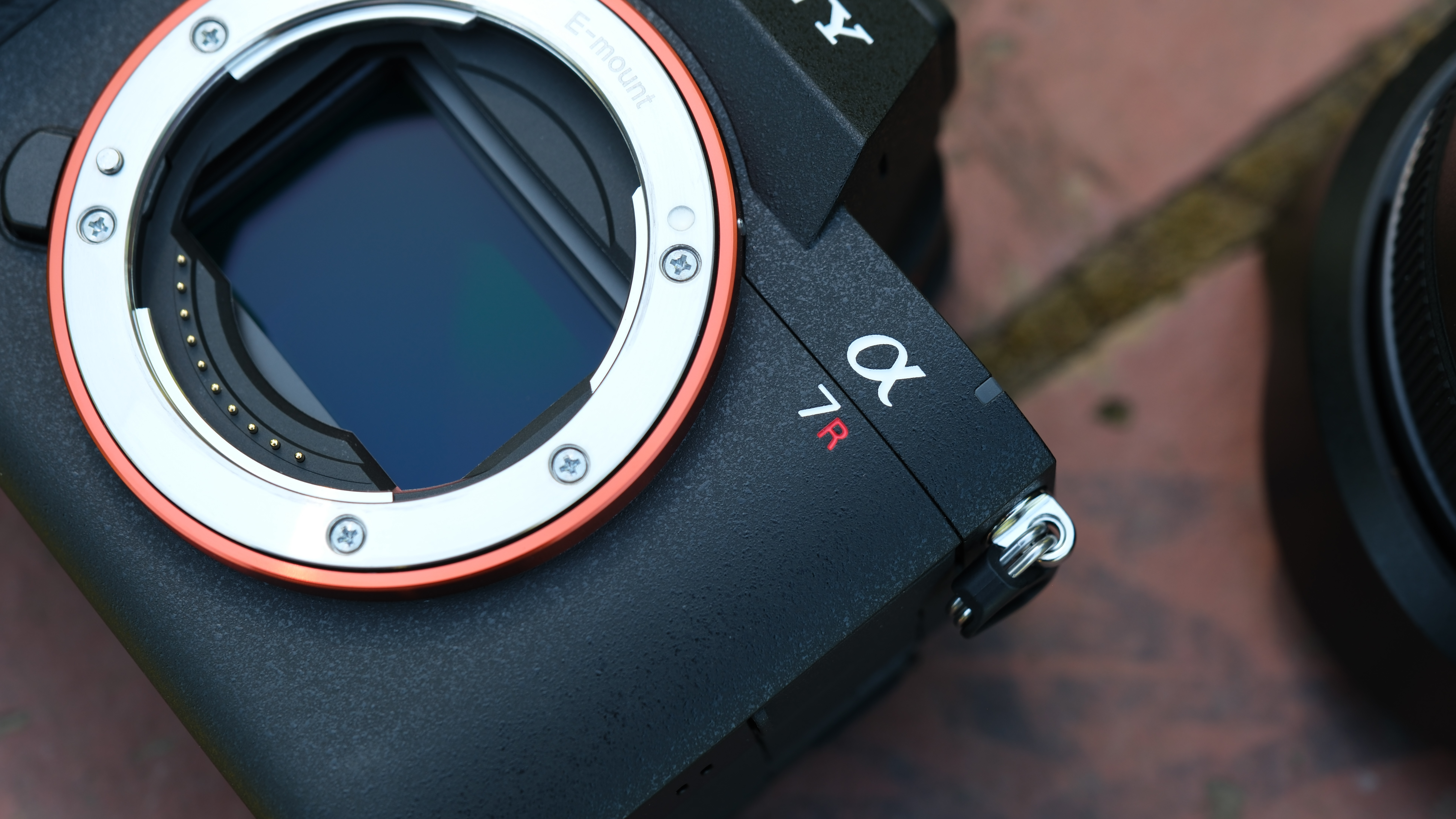 Detail of the Sony A7R VI badge and E-mount sensor with a lens beside it.
