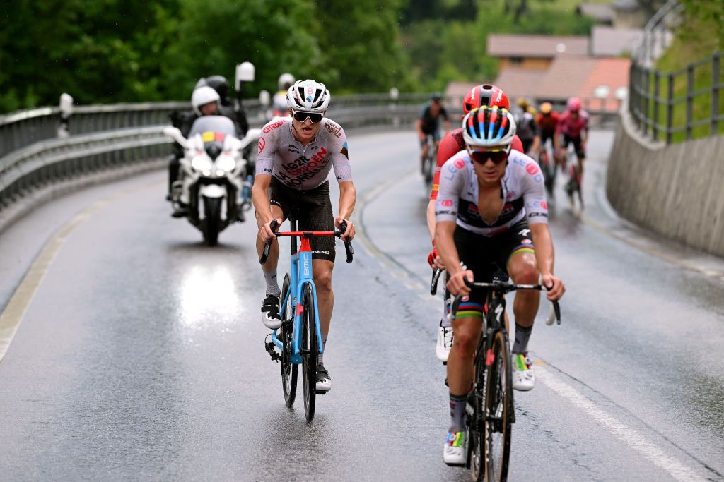 VILLARSSUROLLON SWITZERLAND JUNE 13 Felix Gall of Austria and Ag2R Citron Team competes in the breakaway during the 86th Tour de Suisse 2023 Stage 3 a 1438km stage from Tafers to VillarssurOllon 1256m UCIWT on June 13 2023 in VillarssurOllon Switzerland Photo by Dario BelingheriGetty Images