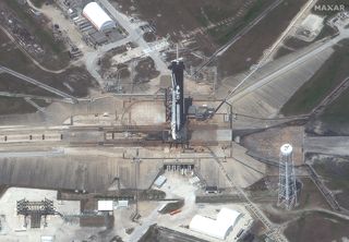 A close-up of SpaceX's first Crew Dragon spacecraft to carry astronauts and its Falcon 9 rocket on Pad 39A at NASA's Kennedy Space Center in Florida as seen by Maxar's WorldView-3 satellite taken on May 23, 2020 during a launch dress rehearsal.