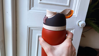 a burnt orange terracotta owala freesip water bottle held by the author