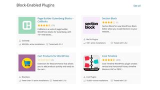 WordPress's plugin library, showing a selection of block-enabled plugins