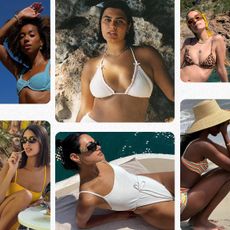 Elegant swimwear trends summer 2025 are shown in a collage of photos of women wearing swimsuits