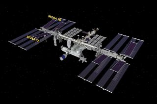 NASA graphic showing the location of the fifth and sixth International Space Station (ISS) Roll-Out Solar Arrays (iROSAs) that were installed and deployed by Expedition 69 crewmates Warren "Woody" Hoburg and Stephen Bowen during two spacewalks on Friday, June 9 and Thursday, June 15, 2023, respectively.