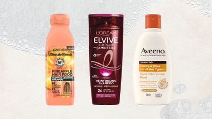Lineup of the best drugstore shampoos (L-R) from Garnier, L'Oreal and Aveeno, on a beige background with foam