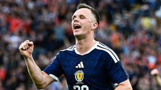 Scotland's Lawrence Shankland celebrates scoring to make it 2-1 during an International Friendly match between Scotland and Curacao at Barclays Hampden.