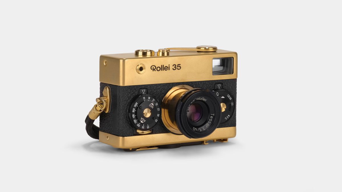 Rollei 35 Retrospekt 24K Gold Edition camera against a white background
