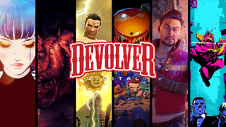 Devolver Digital logo - art for GRIS, Carrion, Serious Sam, Enter the Gungeon, Shadow Warrior, and the Messenger split between columns 