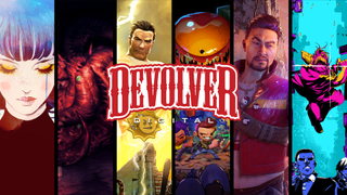 Devolver Digital logo - art for GRIS, Carrion, Serious Sam, Enter the Gungeon, Shadow Warrior, and the Messenger split between columns