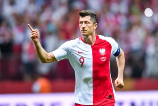 Robert Lewandowski celebrates a goal for Poland against Israel in June 2019.