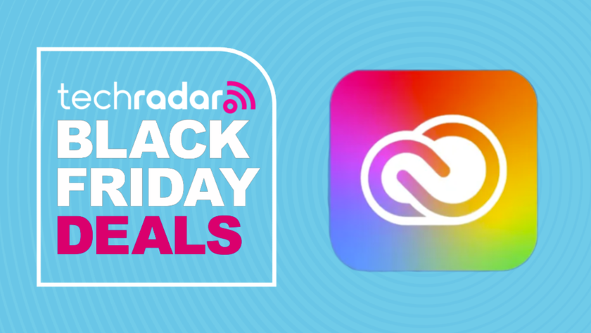 Adobe Creative Cloud logo on a light blue background next to a TechRadar badge reading &#039;Black Friday deals&#039;