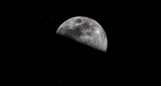 Amidst a starry night sky, a large quarter moon tilts like a bole upside down to the left.