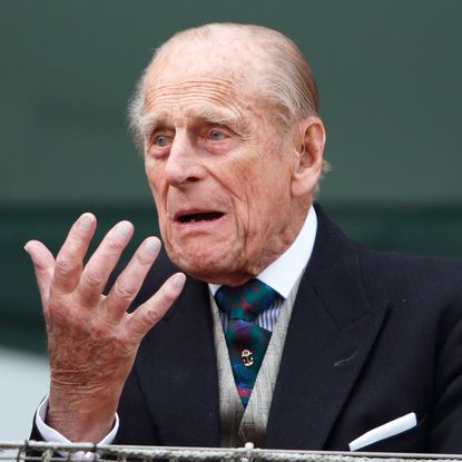 Prince Philip gestures with his hand while wearing a suit and tie