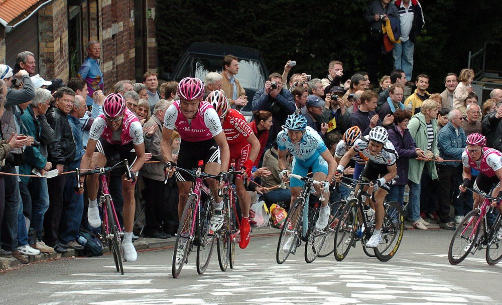 Oscar Freire, Alexandre Vinokourov, Danilo Di Luca and Davide Rebellin climb the 'Wall of Huy' during the Fleche Wallonne in 2005. Di Luca won ahead of Luxembourg's Kim Kirchen and Italian Davide Rebellin.