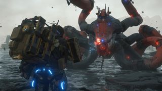 Sam fires at the ghost mech squid boss in Death Stranding 2: On the Beach