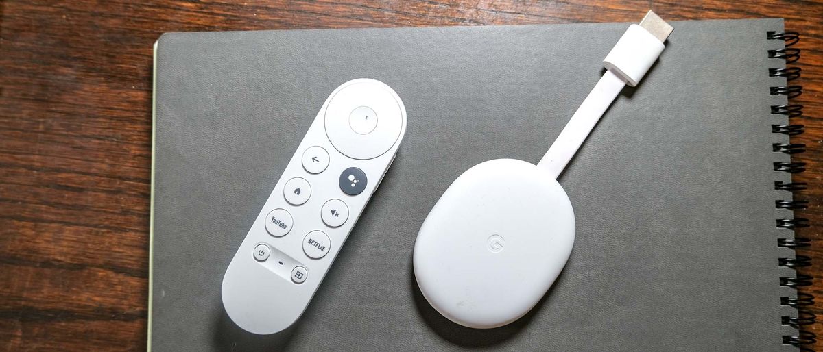 (R to L) The Chromecast with Google TV HD and remote