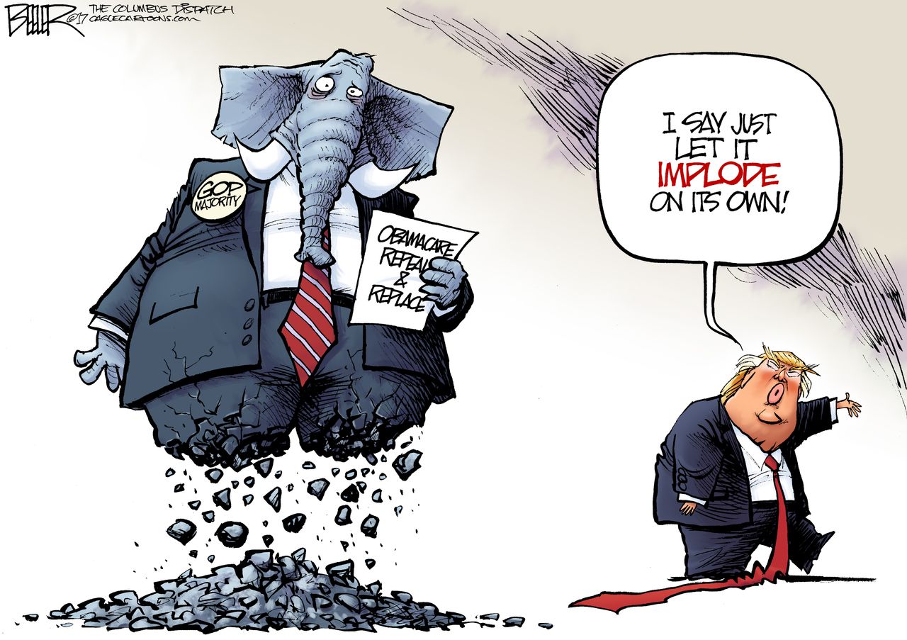 Political cartoon U.S. Trump GOP health care Obamacare implode