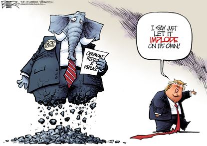 Political cartoon U.S. Trump GOP health care Obamacare implode